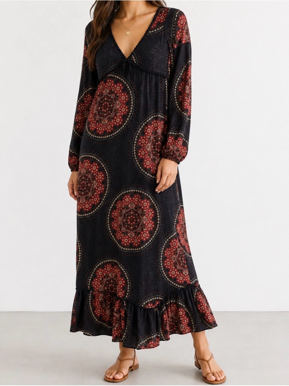 Vintage Trafaluc Zara Mandala Black Red Boho Moroccan Bohemian Maxi Dress